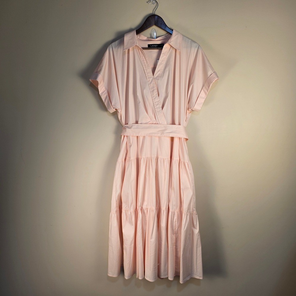 Lauren Ralph Lauren Dress Womens 16 Pink Short Sleeve Tiered Surplice Midi NEW - Picture 2 of 14